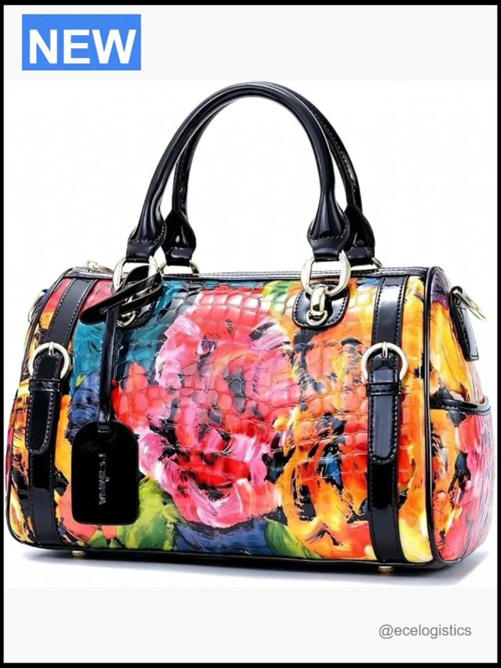 Genuine Leather Satchel Handbag with Floral Pattern Crossbody